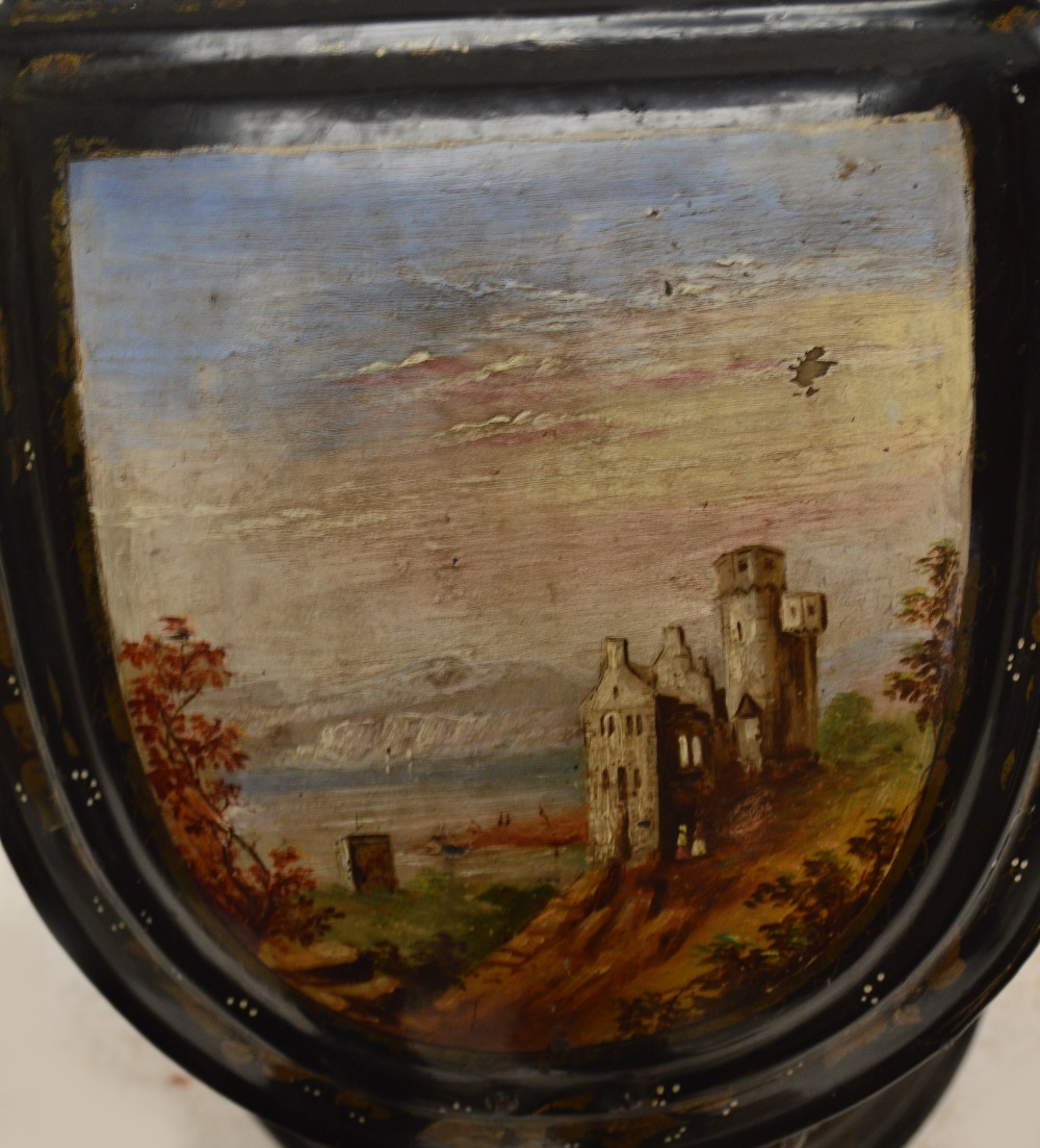 A Victorian toleware coal scuttle with hinged lid painted with a view of Ehrenfels Castle. - Image 2 of 2