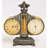 An unusual late 19th century spelter and brass combination timepiece barometer and thermometer,