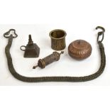 A group lot of Indian metalware including a bronze inkwell/lamp, chain, circular box,