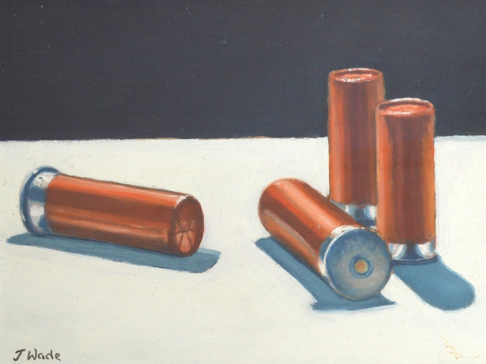 JONATHAN ARMIGEL WADE (born 1960); oil on board, study of four shotgun cartridges, signed, - Image 2 of 2