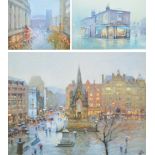 After BOB RICHARDSON; three signed limited edition colour prints, Manchester street scene,