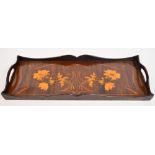 An Art Nouveau rosewood twin handled rectangular tray inlaid with stylised floral motif, 24 x 64cm.