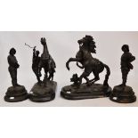 A pair of early 20th century spelter models of horses (af) and a pair of spelter soldiers (4).