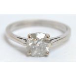 An 18ct white gold diamond solitaire ring, the claw set brilliant cut diamond approx 1.44ct, size O.