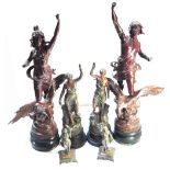 A pair of large spelter figures modelled as classical male and female figures atop flying eagles,
