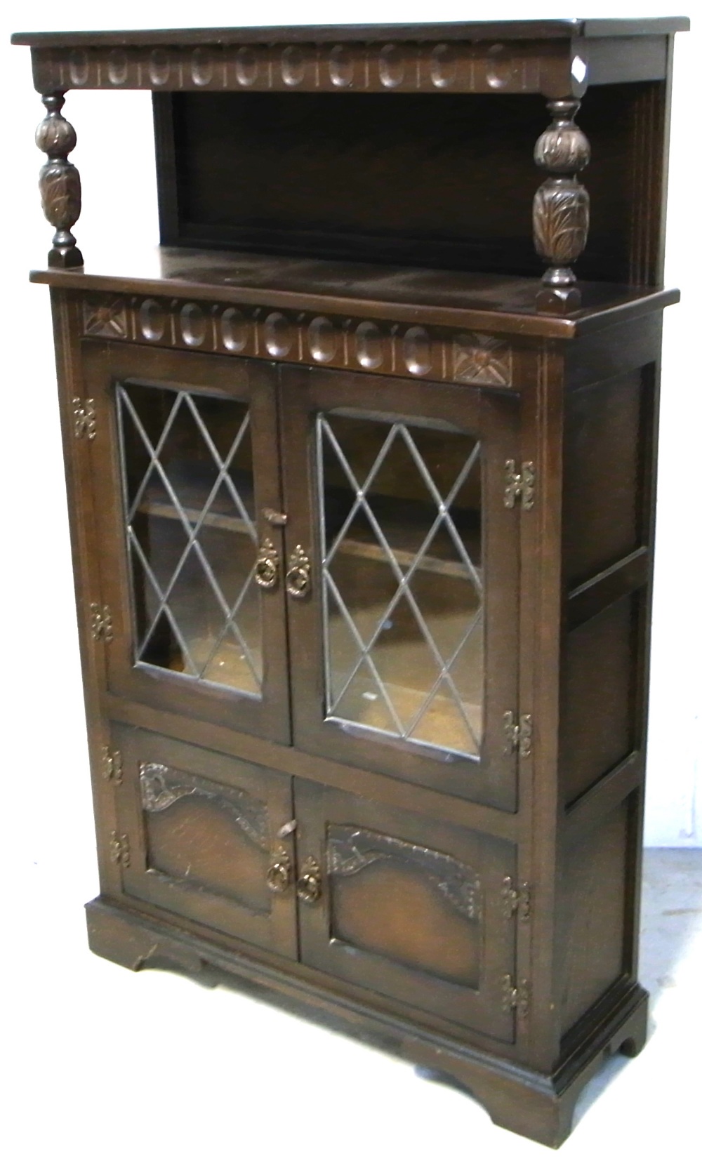 A dark oak priory style cabinet, height 129cm and a matching priory court cupboard, 135 x 92cm (2). - Image 2 of 2