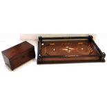 A marquetry and bone inlaid tray of rectangular form with wooden gallery and a late 19th early 20th