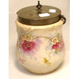 A Royal Bonn biscuit barrel decorated with chrysanthemums and cherry blossom.