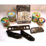 A collectors lot comprising Victorian leather childs shoes, a cased pair of yellow metal spectacles,