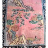 A rectangular pink ground Chinese wool rug decorated with Oriental scenes, 285 x 175cm.