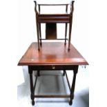 A mahogany table with side drawer on turned legs and stretchers,