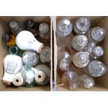 Two boxes of chemist jars including two with white enamel gilt heightened labels,