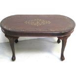 A reproduction hardwood coffee table on cabriole legs with inlaid brass decoration, length 92cm.