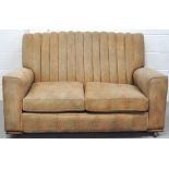 A 1930/40s beige upholstered two seat sofa, width 140cm and a pair of matching armchairs,