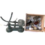 A set of vintage balance scales and a good quantity of assorted weights to include grain weights,