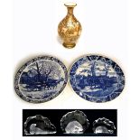 Two large Delft blue and white chargers, diameter 39cm,