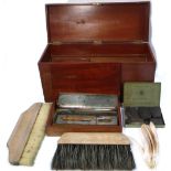 A vintage mahogany artists travelling box complete with original brushes, paints, scumble comb etc,