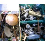 Two boxes of metalware to include brass and copper kettles, pans, standard lamp, tea pots etc.