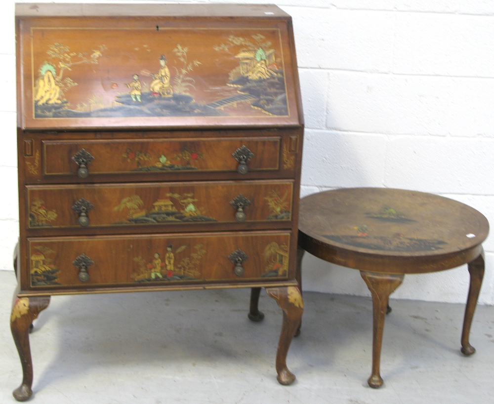 A 20th century suite of furniture comprising a fall front bureau, width 77cm, - Image 2 of 2