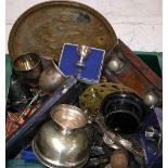 A quantity of metalware to include silver plated trophy cups and cutlery, a brass tray,