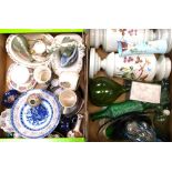 Two boxes of assorted ceramics and glassware to include two Victorian vases, plates etc.