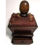 A Victorian mahogany sewing box with pin cushion top and a treen sewing accessory (2). CONDITION