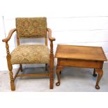 A small walnut table with lift up top on cabriole legs and an Edwardian side chair upholstered in