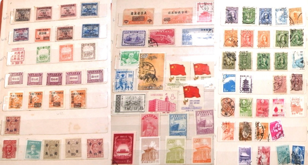 A red leather stamp album comprising eight double sided pages containing a quantity of Chinese