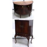 A 19th century mahogany radially veneered glass topped demi lune cabinet on tapering legs,