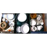 Three boxes of assorted ceramics to include a green glazed part dinner service by Denby,