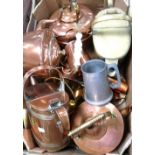 A quantity of metalware to include copper kettles, brass kettle, tankards etc.