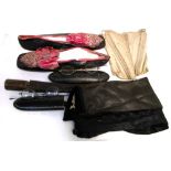 A collectors lot of Victorian items to include a late 19th century pair of leather and silk shoes,