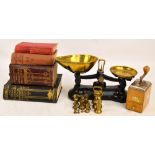 A set of Libra Scale Company brass and iron kitchen scales, a group of weights,