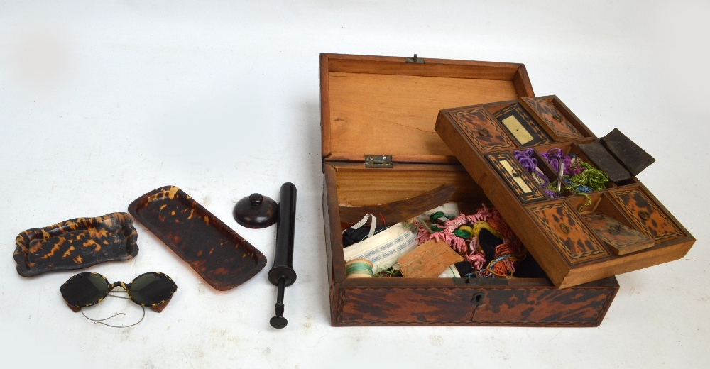 A 19th century tortoiseshell mounted rectangular sewing box for restoration,