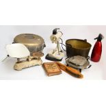 A large quantity of vintage kitchenalia to include a large pestle and mortar, a jam pan,