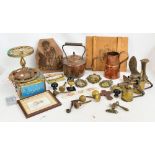 A quantity of assorted metalware to include a copper teapot, copper jug, engraving plate,