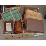 Two boxes of collectables including a mahogany sarcophagus form tea caddy for restoration,