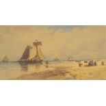 THOMAS BUSH HARDY (1842-1897); watercolour, coastal landscape with numerous figures on a beach,