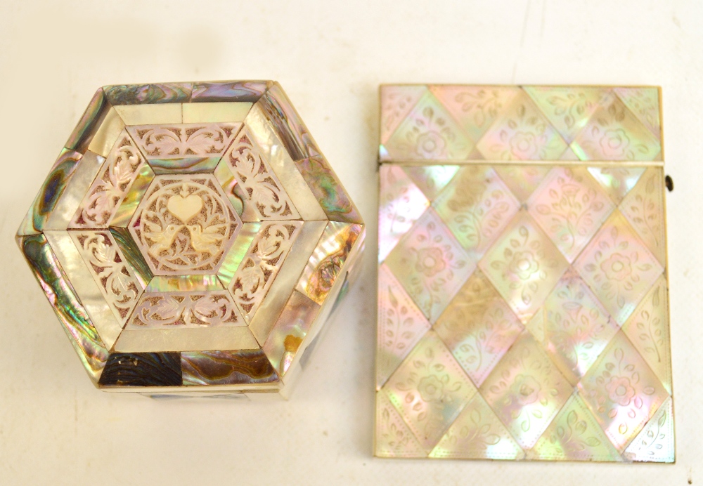 A Victorian mother of pearl card case of rectangular form with floral decoration etched to each - Image 3 of 3