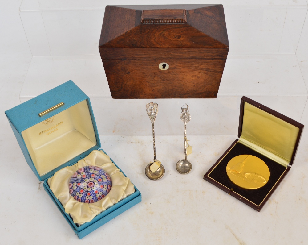 A Victorian rosewood tea caddy (lacking interior), a boxed Strathearn paperweight,