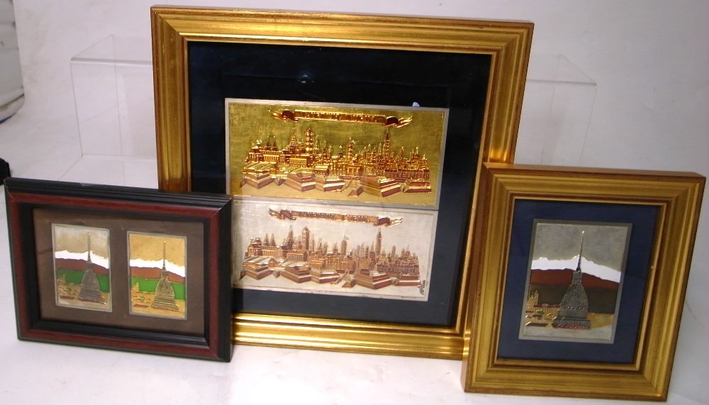 Three Luciano Agliotti limited edition framed and glazed fine silver gilt and enamel plaques,