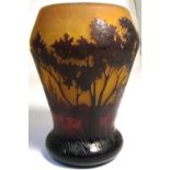 A Daum style glass amber colour vase decorated with tree scape (af). CONDITION REPORT Badly af