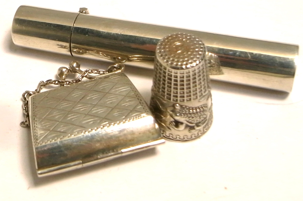 A Sterling silver spill/match case, a miniature handbag/stamp case and thimble marked 925,