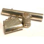 A Sterling silver spill/match case, a miniature handbag/stamp case and thimble marked 925,
