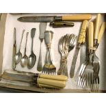 A small quantity of plated flatware with silver collars to the knives, a Liverpool police whistle,