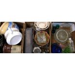 A quantity of glassware ceramics and kitchenalia to include glass vases, jelly moulds,