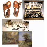 A collectors lot comprising metalware to include an oak canteen of silver plated cutlery,