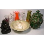 A mixed collectors lot to include glassware, a large covered urn, a ewer, a resin tusk etc.