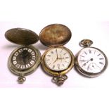 Three white metal pocket watches to include a full hunter pocket watch with cushion design and