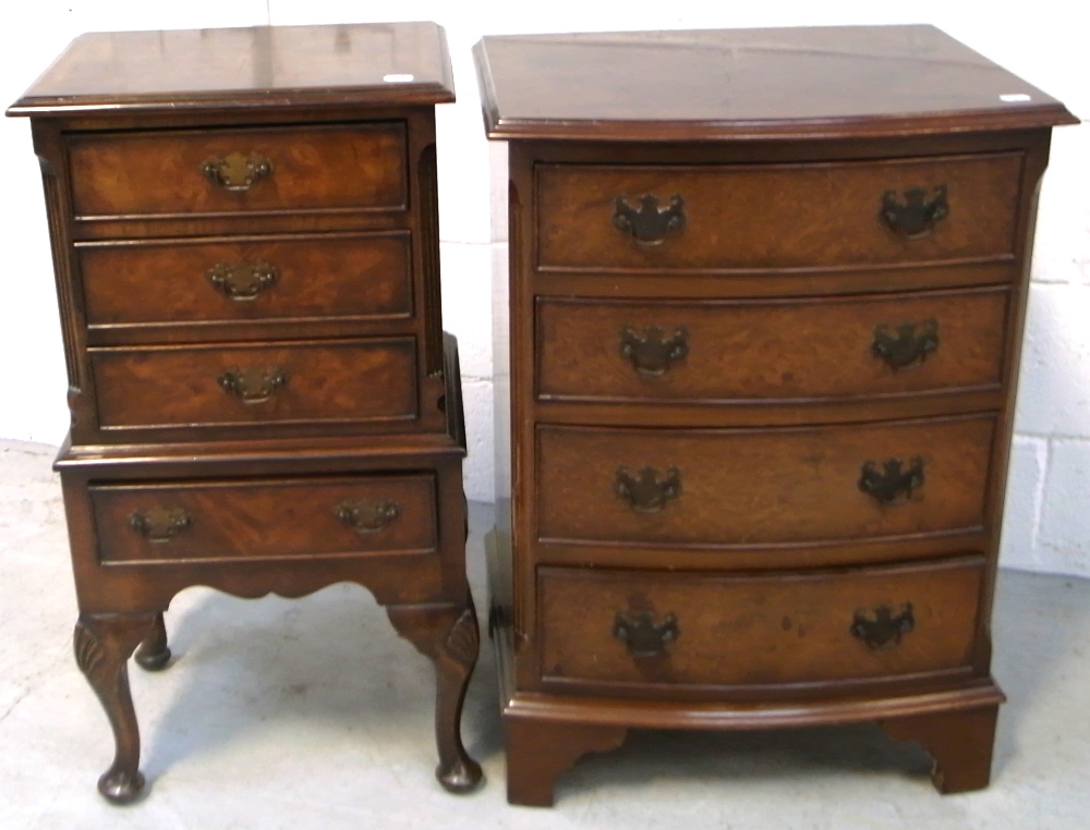 A bow front four drawer walnut chest of drawers of small proportions on bracket feet, width 50cm and